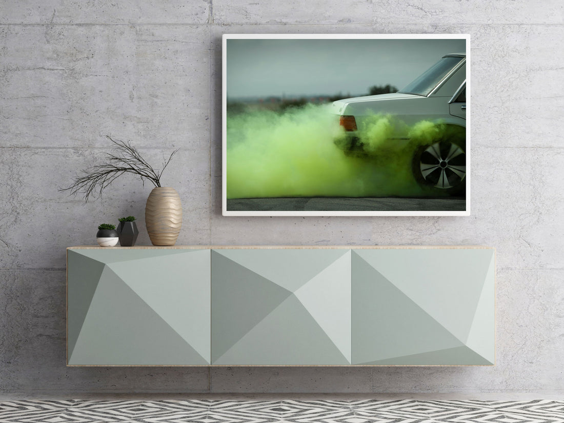 Kane Skennar Photographer-Green smoke from Muscle car burn out wall print 